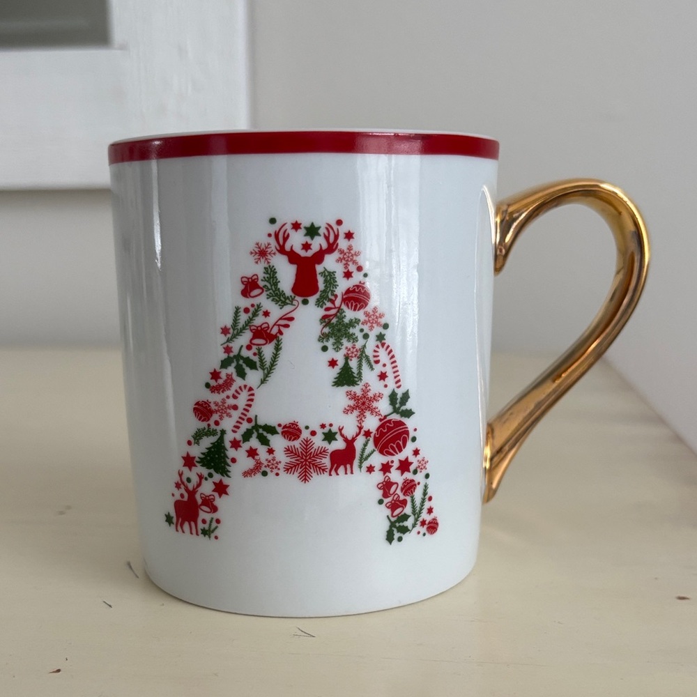 CIROA WITH LOVE Christmas Mug Monogram Initial A Cup Porcelain Gold Handle 12 oz